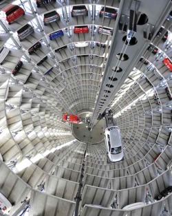 peetypassion:  Photo You Must See: Vertical Volkswagens at Germany’s Autostadt Volkswagen Golfs are stacked in one of the massive glass silos at Autostadt,  the theme park adjacent to Volkswagen’s main plant in Wolfsburg,  Germany. 