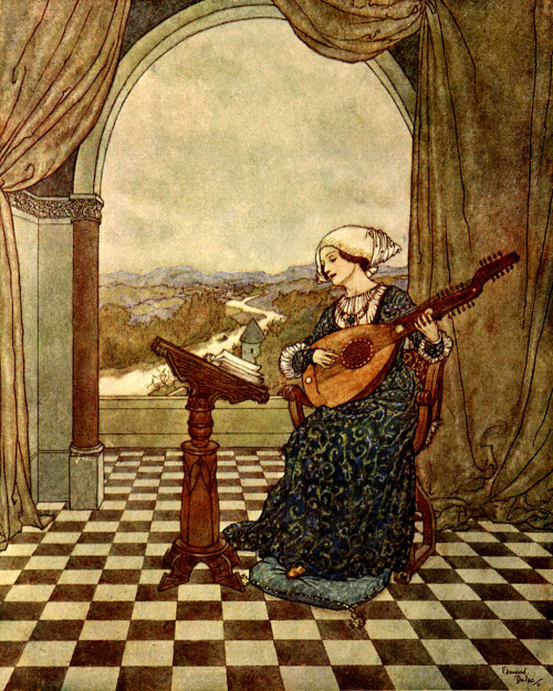 theshipthatflew: Edmund Dulac, Winter Fairy Tale - Girl with a Lute (source)
