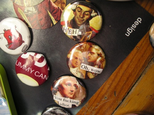Button sets are being composed. Each set will be unique, and contain 1-4 original art buttons, plus 