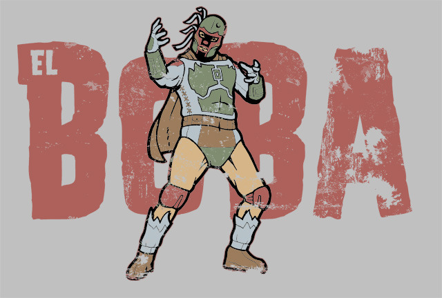 “Years after escaping the Sarlacc pit, with his bounty hunter status in ruins, Boba Fett occasionally freelanced as a Mexican wrestler.”
Make sure that you grab this hilarious shirt up for $9 at Teefury.
El Boba by John Sprengelmeyer / Captain...