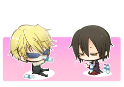 O. M. F. G. Shizuo &amp; Kasuka chibi milk drinking. So. Cute. (via durarara)