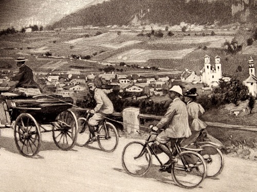 Coupled Bicycles / photograph of the 1897 engraving &ldquo;Going Up the Hill, The Coupled Bicycl