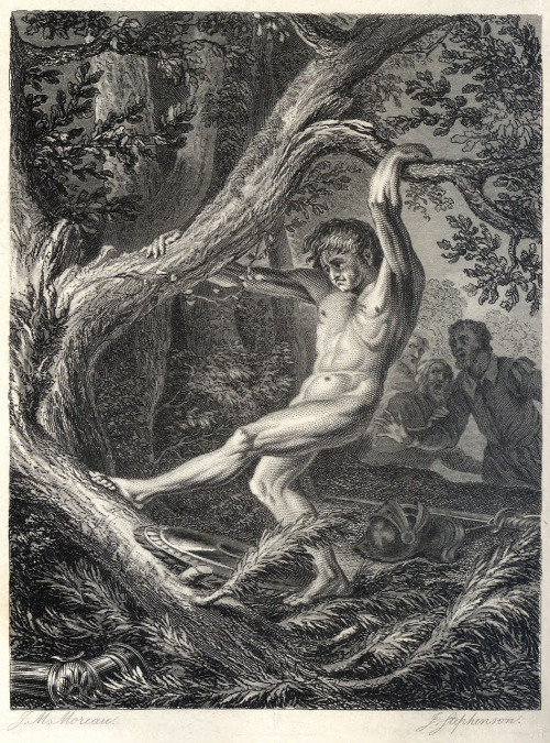 my-ear-trumpet: oldbookillustrations: Orlando uprooting the pine. Illustration by Moreau le jeune 
