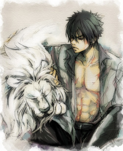 Xanxus and his white liger, Bester. Look how he&rsquo;s chewing on him. Ain&rsquo;t that cute?