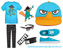 fuckthehypewearwhatyoulike:  Perry The Platypus Outfit  Get your Perry The Platypus Tee in teal here. Get your Black Skinny Jeans here. Get your Black Retro Sunglasses here. Get your Party On Bracelet here. Get your Perry the Platypus Baseball Cap here.