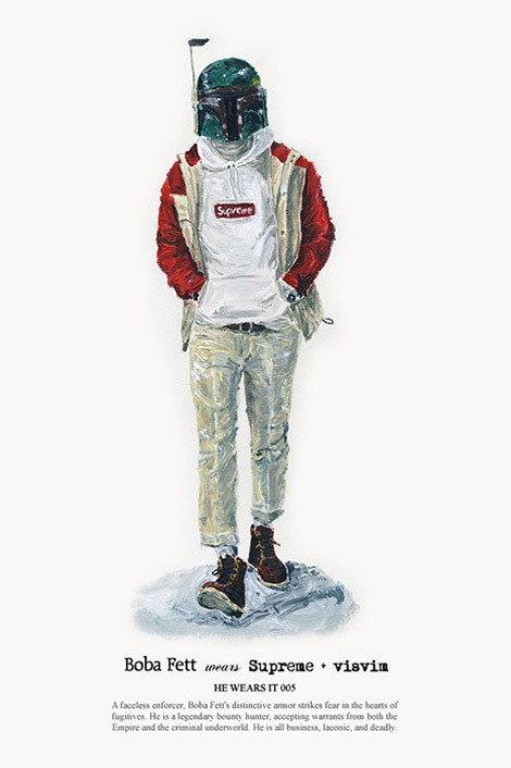 benjaminf:  If Boba Fett spent more time in New York and less time as a bounty hunter you might spot him on the Sartorialist. Boba, Darth Vader and a couple of storm troopers take part in John Woo’s He Wears It series that I am in love with. It’s