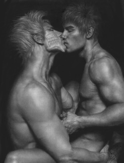 venji:  (via naughtyyaoi) :o This is awesome and shocking. Grimjoww and Ichigo, realistic. Making out. I love the shading and the anatomy! But.. It also reminds me of  Chrisitan and Olli =3 