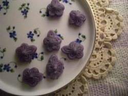 raising-romulus:violet candy (by cinnamonkite)  I always have a bag of these in my room!
