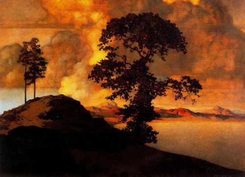 goo22:crashinglybeautiful:Maxfield Parrish. “Atlas Landscape,” 1907 Oil on canvas mounte