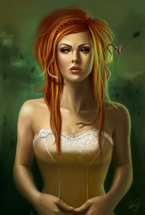 venji:  The Other Sister by Acidlullaby This is Medusa, one of the Gorgons, sister of Stheno, Euryale and Nanas. Stunning piece =3 the style, her hair, her eyes, the shading, everything is exquisite 