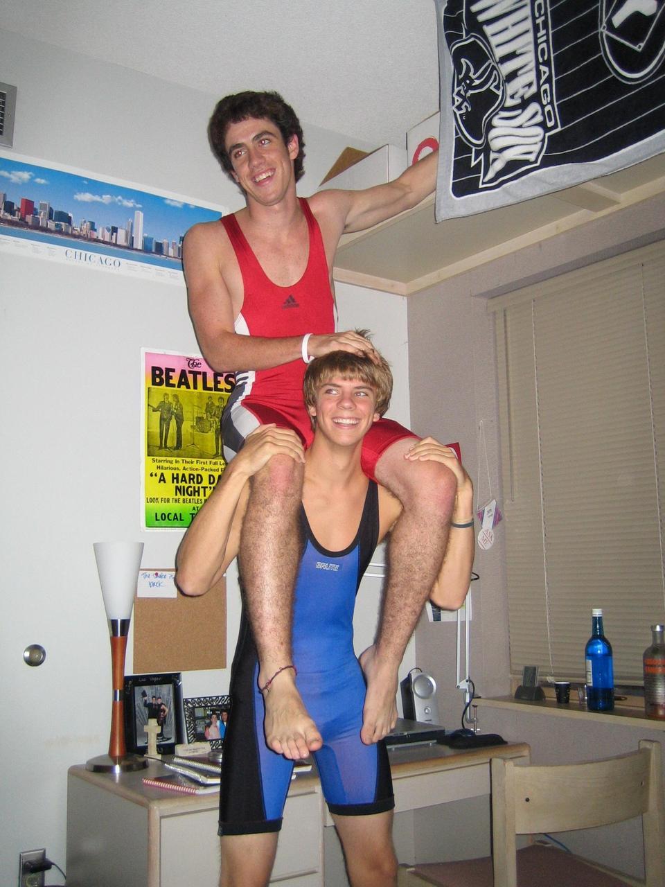 2 wrestling buddies horsing around in there lycra singlets, fooling around in the dorm, having fun, feeling the lycra on each other, fuckin love it!!!