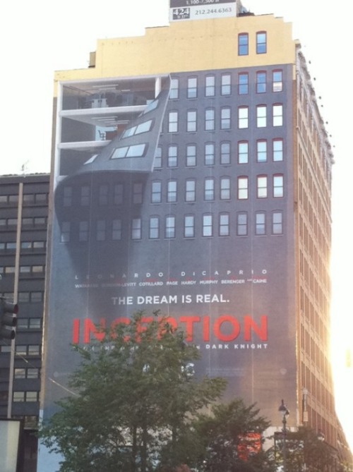 zapcrashboom:   popculturebrain:   POTD: Awesome Inception Building Advertisements | /Film There’s another one inside the link of a building that appears to be leaking. Come sooner movie.     What a cool ad concept! I hope this movie doesn’t suck. 