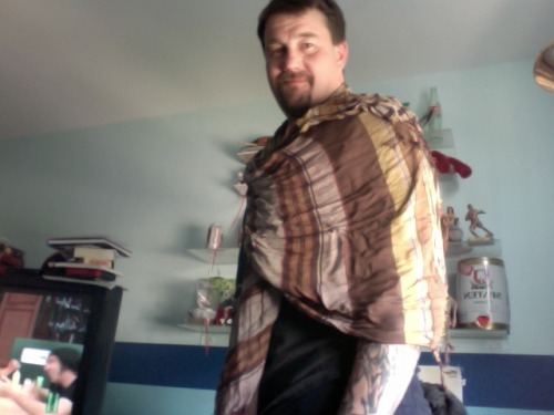 Dad put my scarf on today and told me that he was wearing his fashionable “shawl” at hom