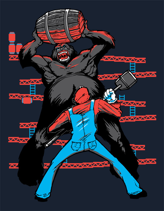 Donkey Kong and Mario go ape sh*t on each other in this awesome Teefury shirt design by Edno Pereira! You can buy it starting at midnight tonight for $9!
Ape Kong by Edno Pereira (deviantART) (Flickr) (Twitter)
Via: teevil