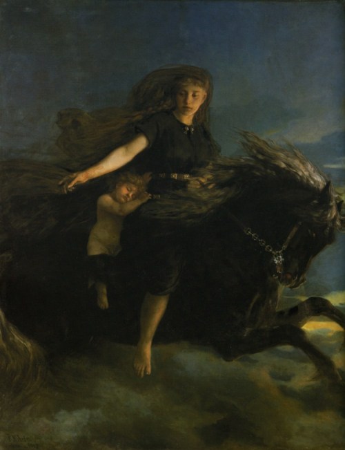 gh2u:  marsiouxpial:  Nótt riding Hrímfaxi.Painting by Peter Nicolai Arbo  