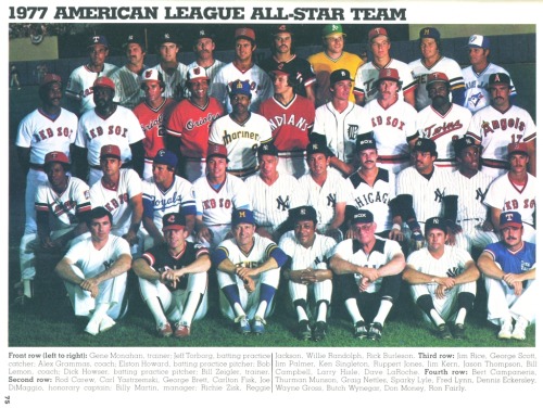 1977 AL ALL-STAR TEAM (click to enlarge) Yankee Fans peep Joe Dimaggio in the second row middle
