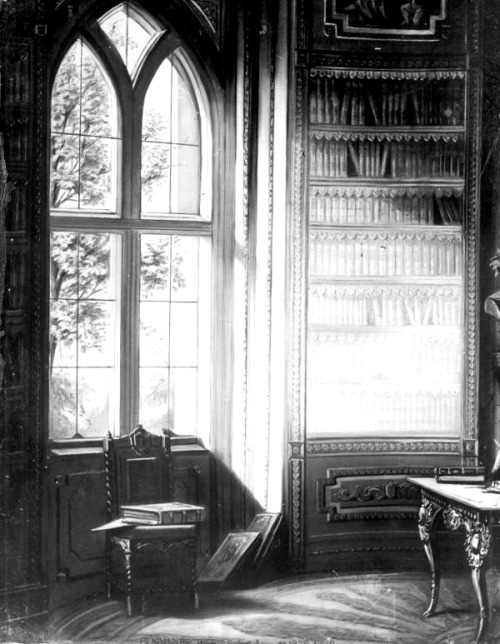 stellar-raven:  Photographic backdrop featuring a window next to bookshelves (c. 1885-1910) [via] 