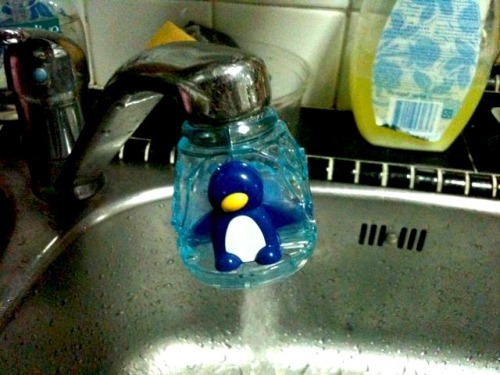 okayjulissa:  fyeahpenguins:  joeimacaroni:  haha. i bought this thing from Daiso. The penguin will flap its wings up and down when the tap water flow through the blue thing. SO CUTE! cant take it! :)   