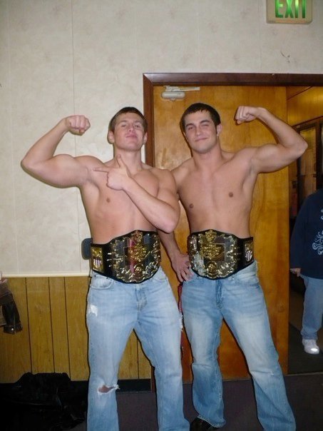 fuckin SEXY!!! these tag team champs show up in jeans but no shirt, flex those sexy arms and get all cocky and arrogant, they know they r the shit, not only have sexy bods but can also wrestle since they have the belts!!!! so often dudes will be hot...