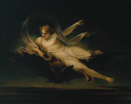 spleeneideal:  “One day the angels came to present themselves before the Lord,and Satan also came with them.” - Job 1.6 - naggisch:  bewitching:  marsiouxpial:  Henry Singleton 1766-1839, Ariel on a Bat’s Back exhibited 1819 (via Tate Collection