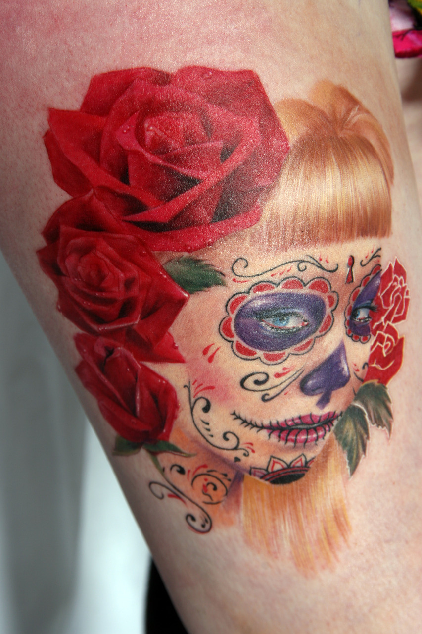fuckyeahtattoos:  Faye by Alex De Pase (Italy). Thigh done in a 7 hour sitting at