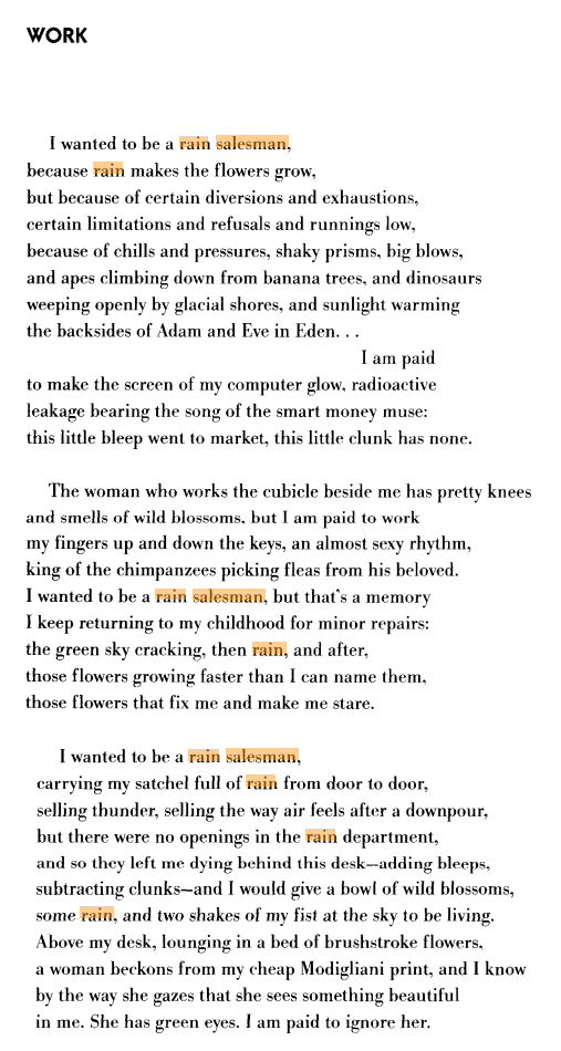 “Work,” by John Engman, from Temporary Help
“I wanted to be a rain salesman…but…I am paid to make the screen of my computer glow”
Mary Karr on John Engman (she excerpted “Work” in her great memoir, Lit):
“In prosperous America, the poet’s economic...