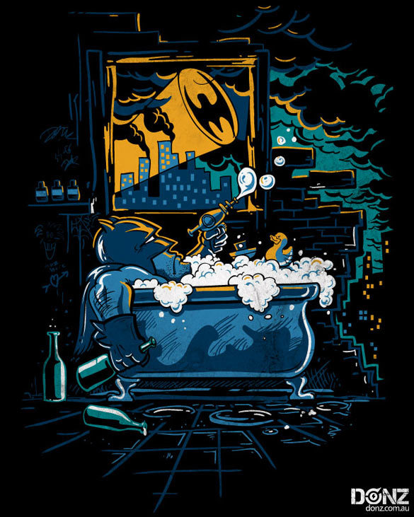 Batman is just trying to find his happy place…
Vote this hilarious shirt design up at Threadless and Emptees!
“…Screw it”: Our hero has the unfortunate case of midlife crisis and spends some soul-searching time in the bathtub with his rubber...