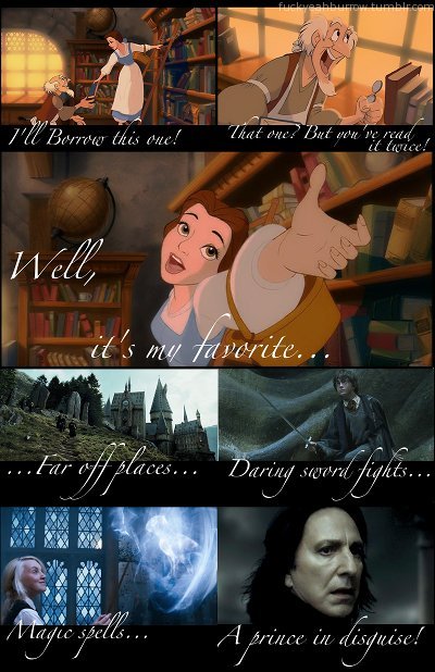 heartlesshippie:  randomanimosity:  littlelamb:  lucette:mrsdarcy:fybeautyandthebeast:fuckyeahburrow:     Belle’s favorite book is Harry Potter.       I believe Disney already stated that the book she sings about is actually Beauty & The Beast…