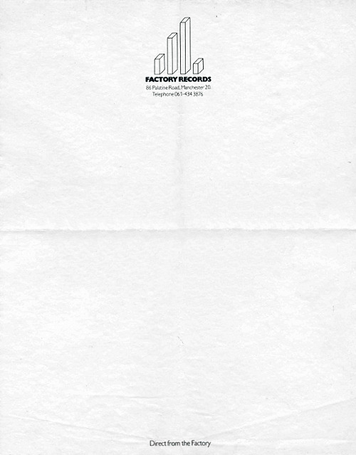 Early letterhead from the offices of legendary Manchester-based record label, Factory Records.
Factory Records, c.1980 | Submitted by Ian B.