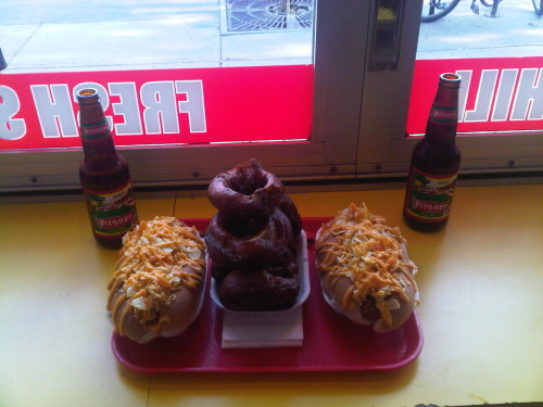 Tubby dog, a hot dog each and onion rings that resemble a doughnut!