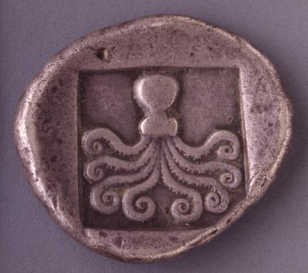 ancientanimalart:aleyma:Silver didrachm with octopus, minted in Eretria, Euboea, c.510-490 BC (via).