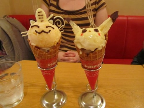 prettyfoods: thedailywhat:  Pokénom of the Day: Meowth and Pikachu ice cream cones, spotted a