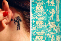 fuckyeahtattoos:  Newest addition! I used to collect these wrappers as a child- the urban legend was that if you got one with the indian icon, you could go into a store and get a free lollipop ♥ 