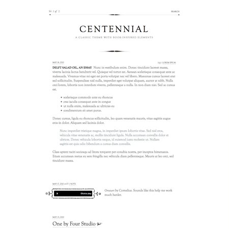 Centennial: A classic theme with book-inspired elements.Download link: http://centennialtheme.tumblr.com/Author: One by Four Studio