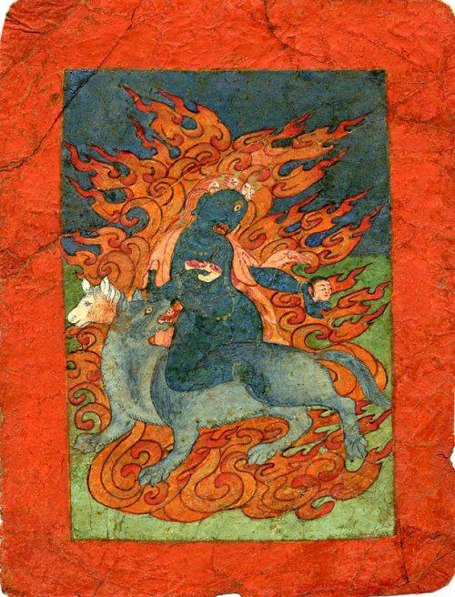 Tsakli painting, Tibet, circa 16th Century, via www.asianart.com. The painting, possibly Bon, depict