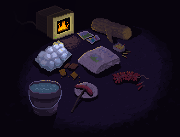 Fireplace by Ted Martens. Pixel ambiance. Some basic commands: log [burn for 1 hour each], match, marshmallow [arrow keys to roast], smore, hotdog, firework, party, foreverlog, water [to quit].