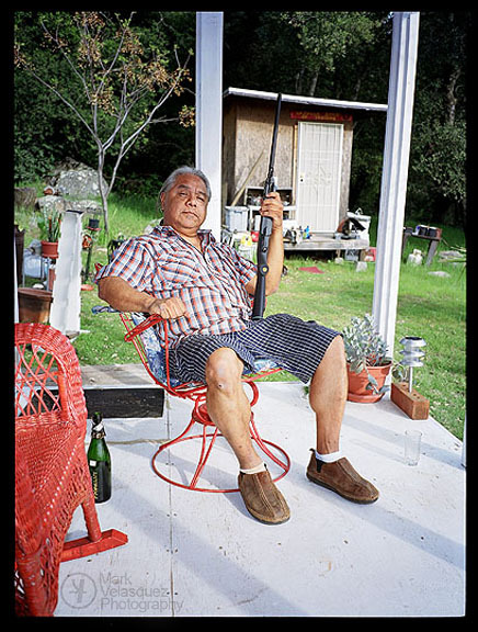 An oldie but a goodie:Internationally known Performance Artist James Luna at home on the La Jolla Indian Reservation, circa 2005. Taken with my old Fuji 645. Ah, those were the days…  Comments/Questions?