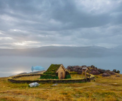 fuckyeaheyegasms:  kateoplis:  Erik the Red’s Greenland farm, Qassiarsuk, and the wooden church he built for his wife  check out the iceberg in the background. 