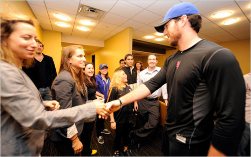 metslove:sportsnetny:The Mets’ Ike Davis, shaking hands with Leora Klein, met Monday with a group of