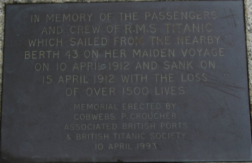 fuckyeahrmstitanic-blog:  A memorial plaque dedicated to the passengers and crew of the Titanic atop some of the stones which were part of White Star’s dock where Titanic sailed from on April 10, 1912. The memorial is located near the spot where Titanic