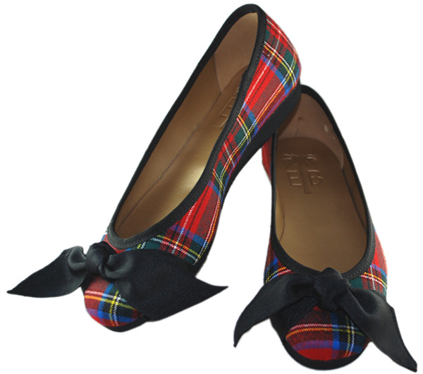 Eliza B. Allez Ballet Flat in Royal Stewart with Black Ribbon Trim and Bow, $115 at elizab.com.