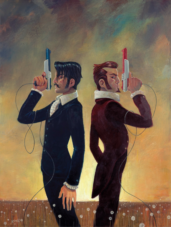 Two distinguished gentlemen challenge one another to a NES Zapper / Light Gun duel to the 8-bit death in this killer piece by Aaron Jasinski. Pew Pew Pew!
Related Rampages: Octotrooper | Parlor Tricks for the Rabble
The Duel by Aaron Jasinski...