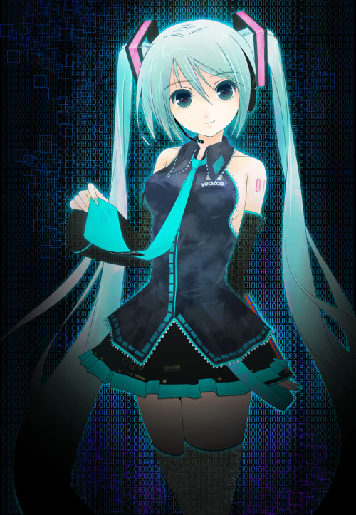 nagas-ip:  aqua eyes aqua hair binary hatsune miku headphones headset long hair necktie skirt smile solo thighhighs twintails very long hair vocaloid yurikuta tsukumi zettai ryouiki