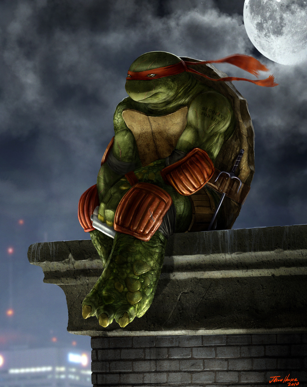 Behind the scenes, Raphael had to hit the whiskey flask to get through each day. Awesome TMNT redesign by Jason Heuser. Check out his RockSteady!
Raphael by Jason Heuser / SharpWriter