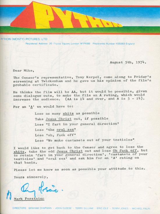 Monty Python and the Unholy Censorship
From 1974, this is a letter between producers on Monty Python and the Holy Grail on changes they could make to give the film a more family-friendly rating. Thank god that this wasn’t implemented.
Via