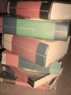 ilovewaltpotter:  imtalkingtothemoon:  Harry Potter  i only wish my Harry Potter books were that well-kept. my Half-Blood Prince lost its spine, and my Philosopher’s Stone is damp. i read them too much, in all weather and condition .___. sorry, books