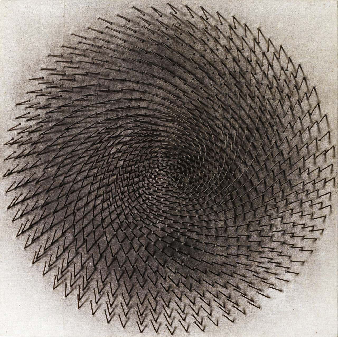 Nagelbild nails &amp; charcoal on canvas by Günther Uecker, 1969
