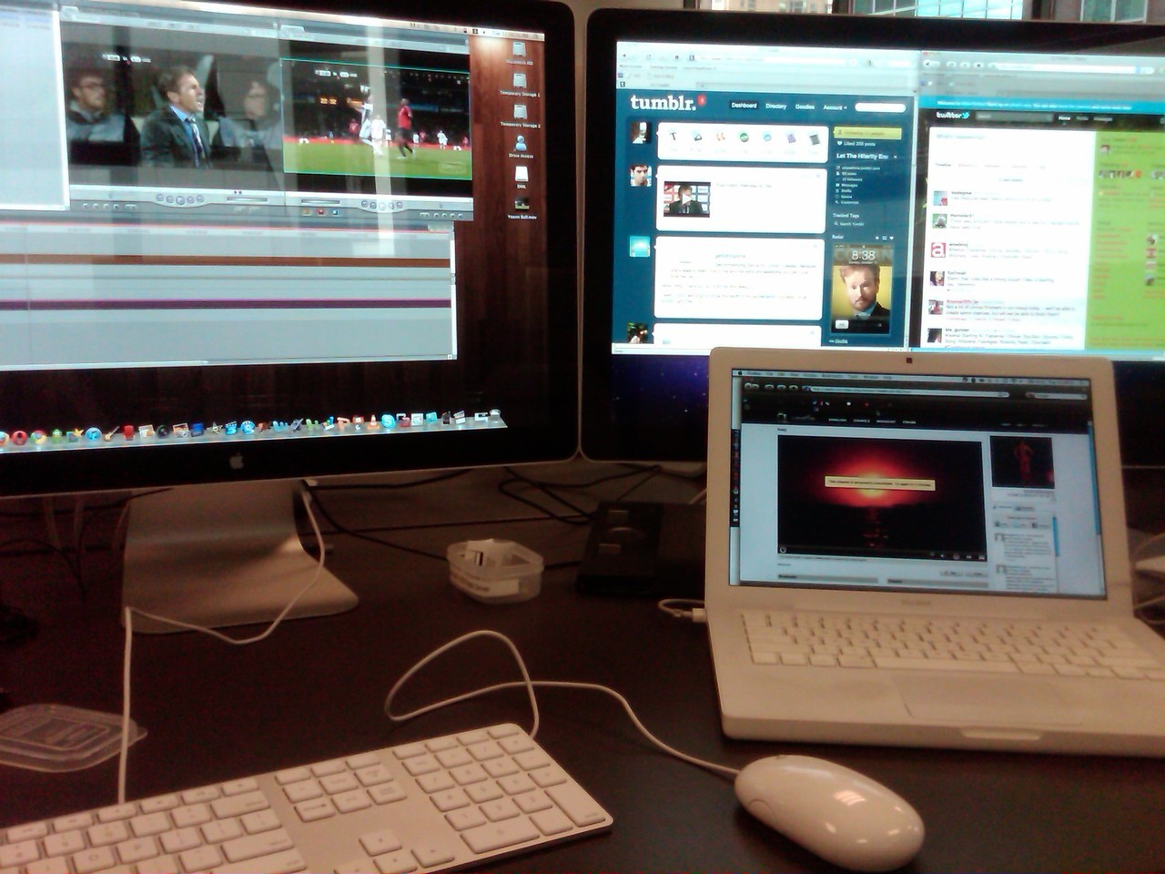 My current work station. Yes that is tumblr and twitter on one screen, editing a video of Yoann on another and my laptop will be streaming the Arsenal match later :) loving life!