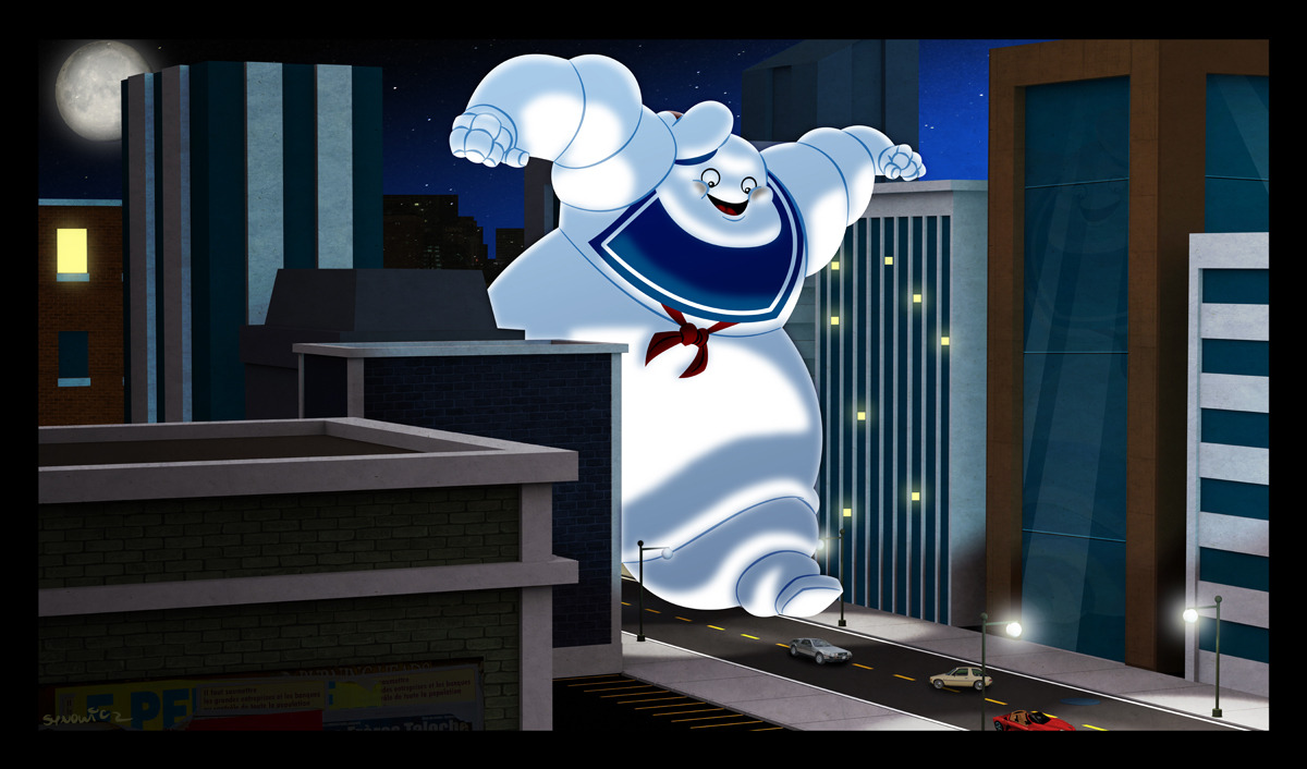 As Stay Puft rampages through the city, Marty McFly tries desperately to hit 88 MPH before getting smashed.
Related Rampage: Mario Run
Stay Puft 2010 by Matt Synowicz (Tumblr) (Facebook)