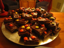 foodpornstar:  Peanut Butter Bars with Ganache Topping and Devil’s Food Cake Crust, with optional Halloween twist :) Submitted by jessicaannewalker 